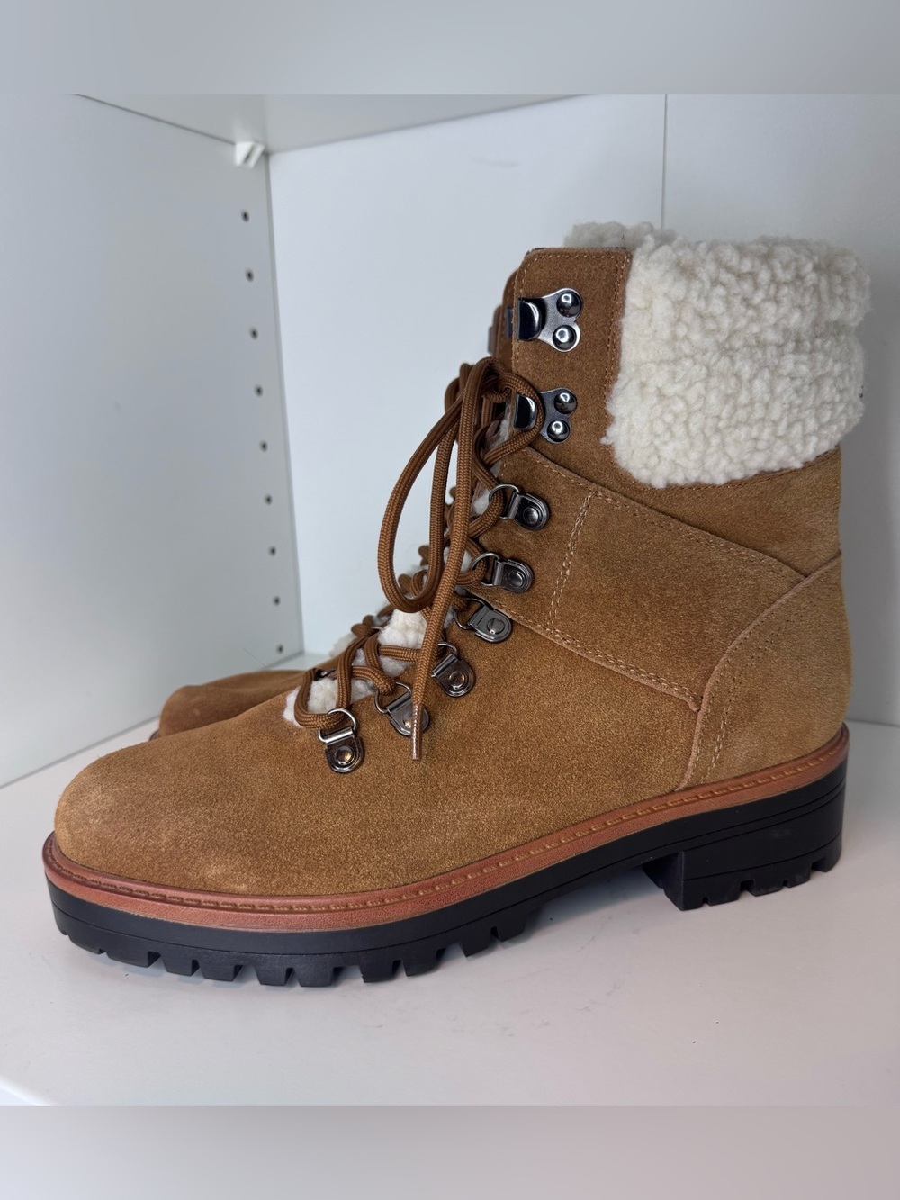 Marc Fisher Suede Sherpa Hiking Boots Tan Lug Sole Size 9